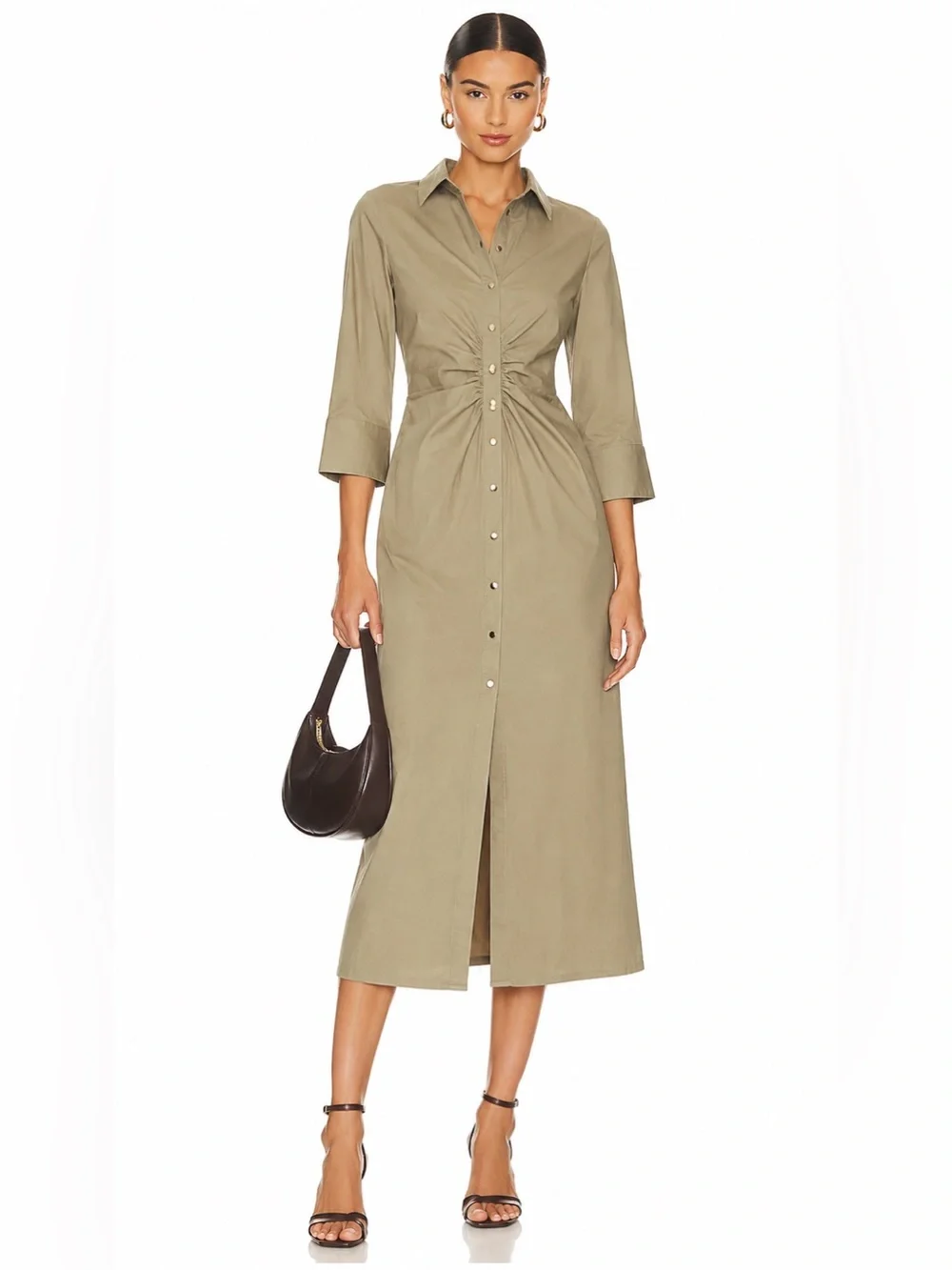 Zara | Dresses | Zara Khaki Ruched Shirt Midi Dress Size M | Poshmark